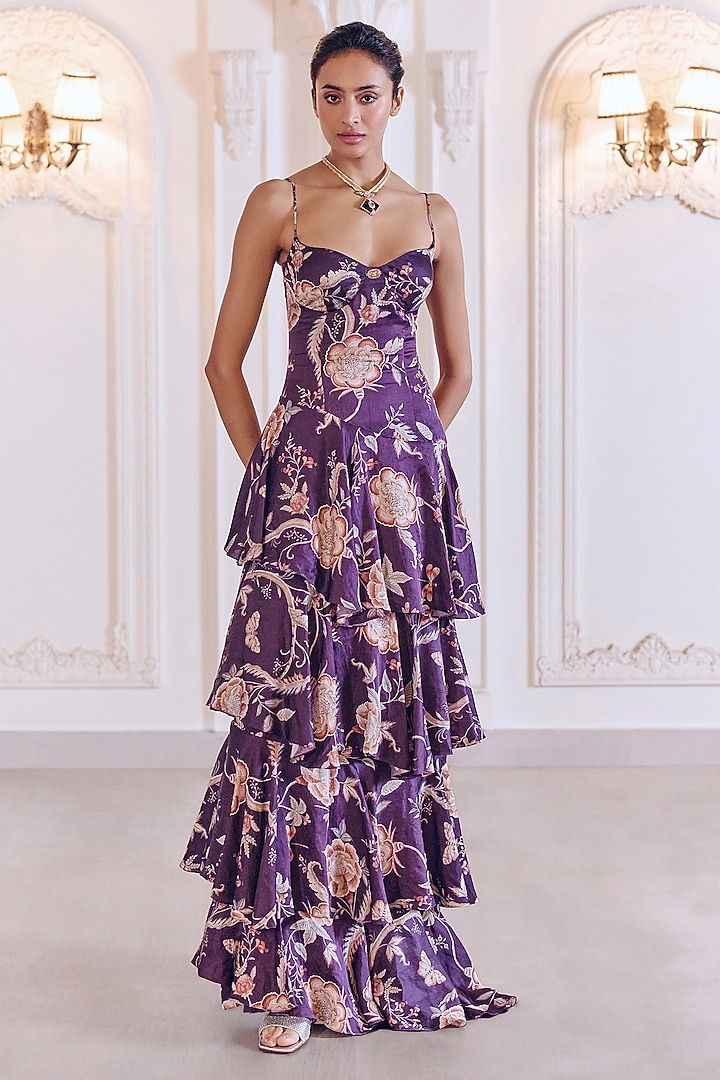 Jamun Purple Linen Satin Floral Printed Tiered Engagement Gown With Dupatta by MMVM at Pernia's Pop Up Shop