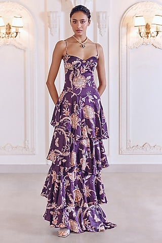 Jamun Purple Linen Satin Floral Printed Tiered Gown With Dupatta by MMVM