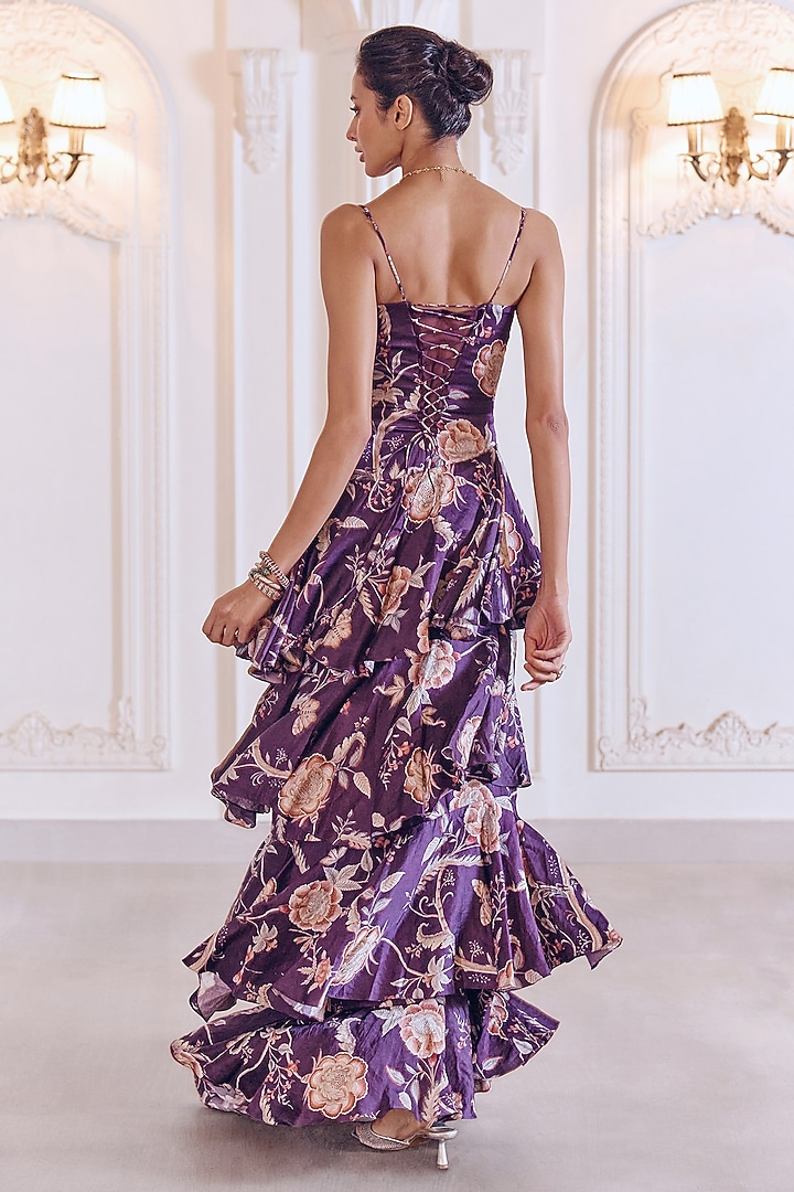 Jamun Purple Linen Satin Floral Printed Tiered Engagement Gown With Dupatta by MMVM at Pernia's Pop Up Shop