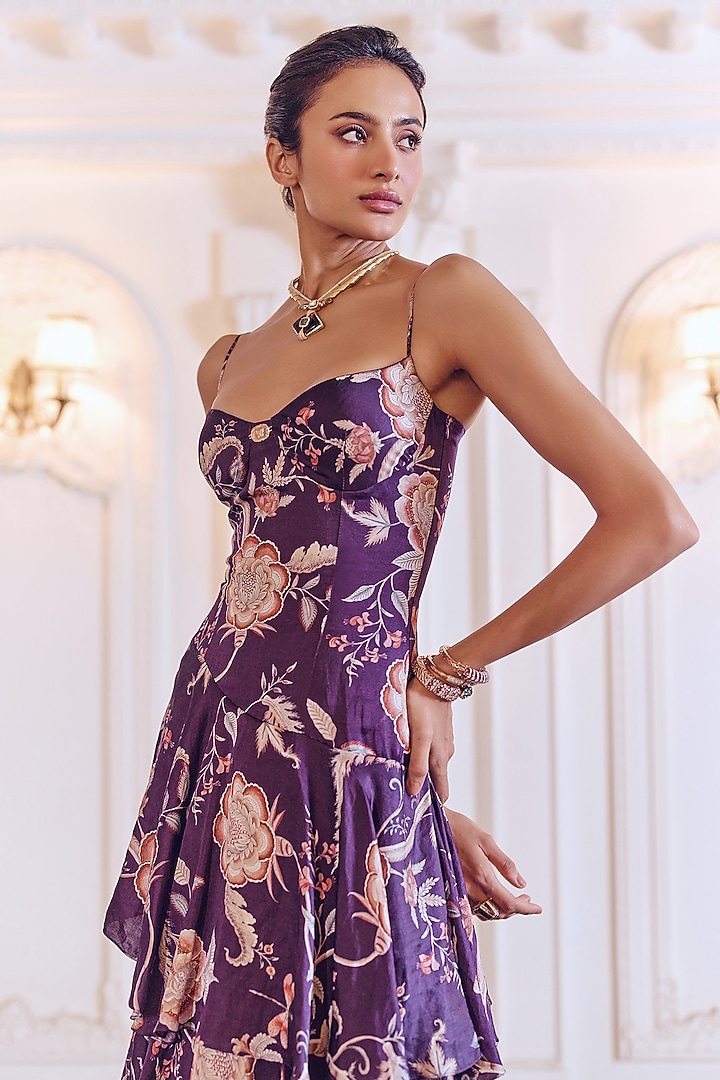 Jamun Purple Linen Satin Floral Printed Tiered Engagement Gown With Dupatta by MMVM at Pernia's Pop Up Shop