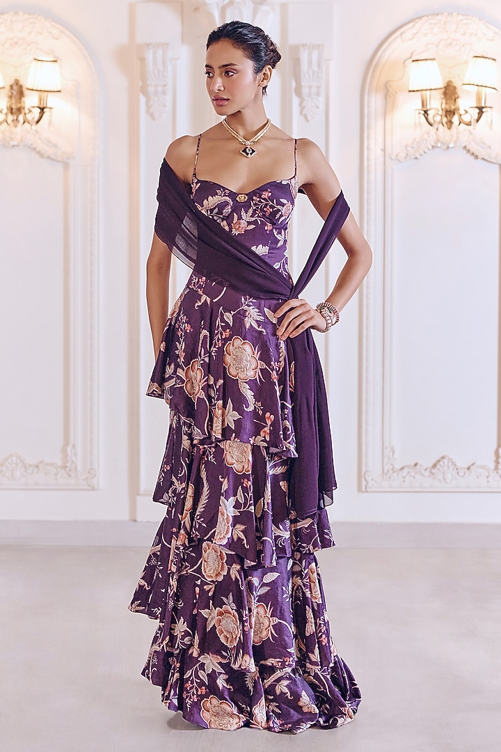 Jamun Purple Linen Satin Floral Printed Tiered Engagement Gown With Dupatta by MMVM at Pernia's Pop Up Shop