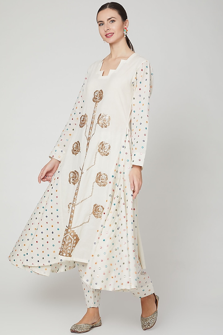Ivory Embroidered Anarkali & Palazzo Pants by Mohammad Mazhar