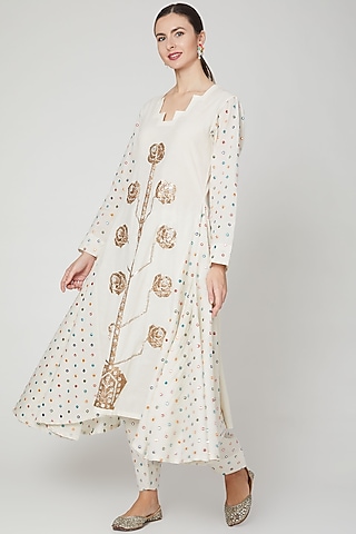 Ivory Embroidered Anarkali & Palazzo Pants by Mohammad Mazhar