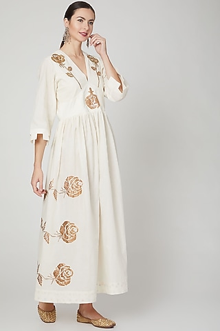 Ivory Embroidered Maxi Dress by Mohammad Mazhar
