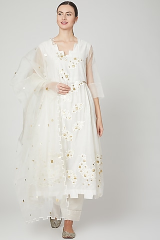 Ivory Embroidered Anarkali Set by Mohammad Mazhar