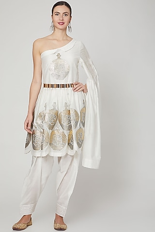 Ivory Embroidered Indowestern Kurta Set by Mohammad Mazhar