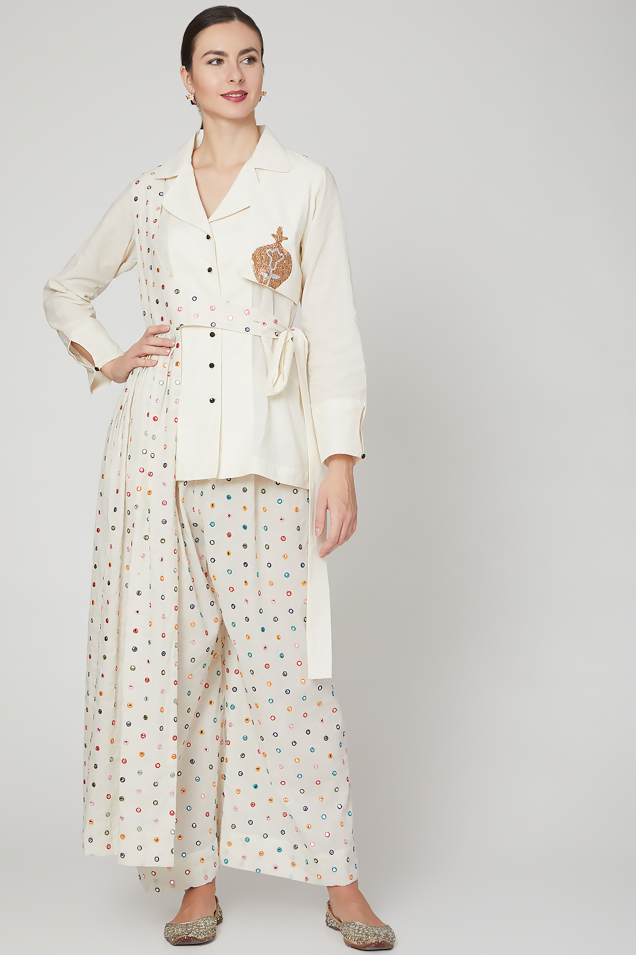 Ivory Embroidered Shirt & Palazzo Pants by Mohammad Mazhar at Pernia's Pop Up Shop