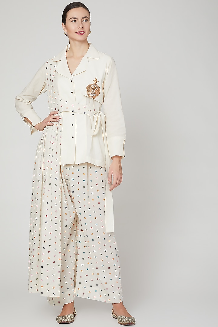 Ivory Embroidered Shirt & Palazzo Pants by Mohammad Mazhar