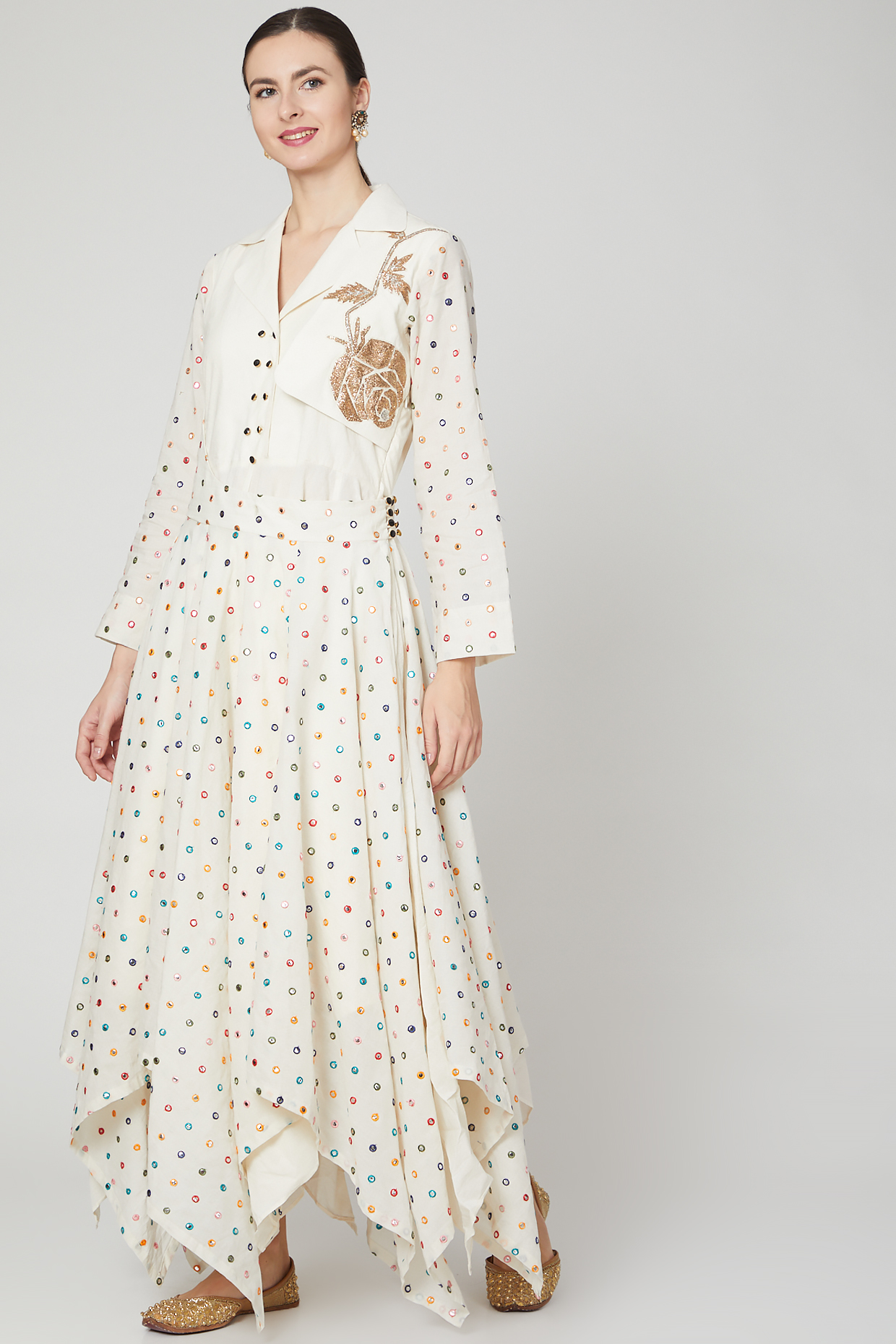 Ivory Embroidered Indo Western Maxi Dress by Mohammad Mazhar