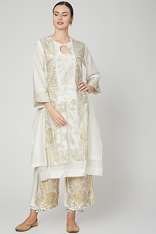 Ivory Embroidered Kurta & Palazzo Pants by Mohammad Mazhar