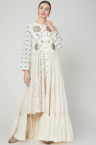 Ivory Embroidered Indo Western Dress by Mohammad Mazhar