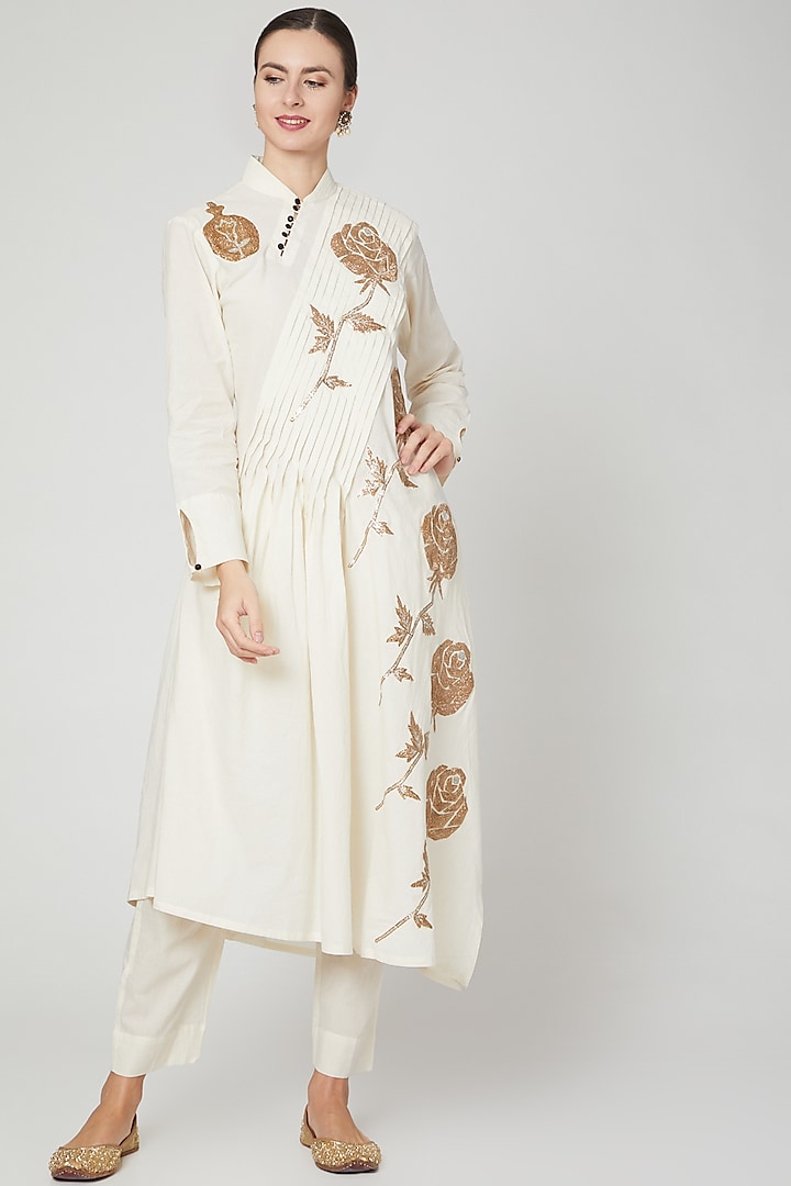 Ivory Embroidered Pleated Kurta & Salwar by Mohammad Mazhar