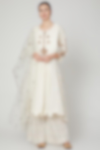 Ivory Embroidered Indo Western Anarkali Set by Mohammad Mazhar