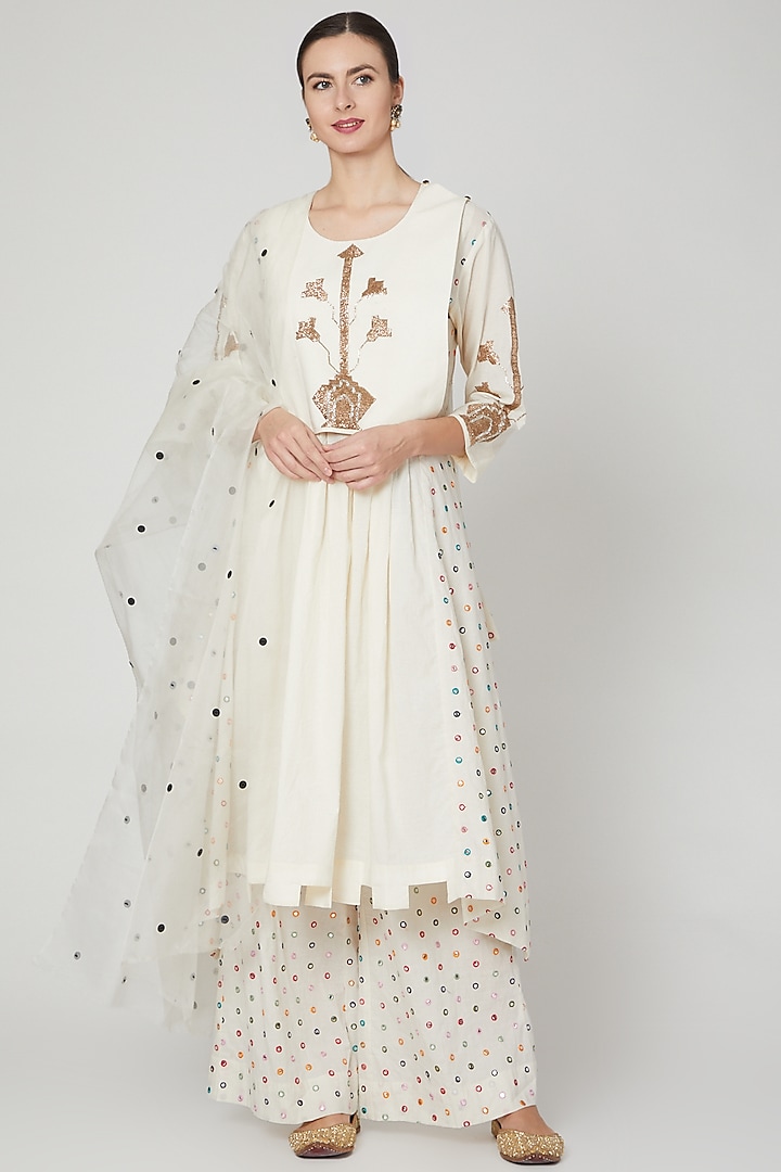 Ivory Embroidered Indo Western Anarkali Set by Mohammad Mazhar