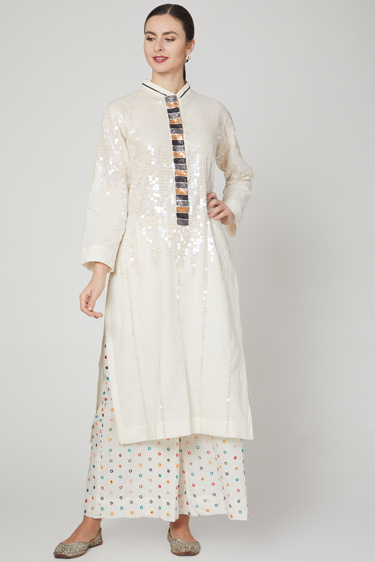 Ivory Cotton Embroidered Kurta & Palazzo Pants by Mohammad Mazhar at Pernia's Pop Up Shop