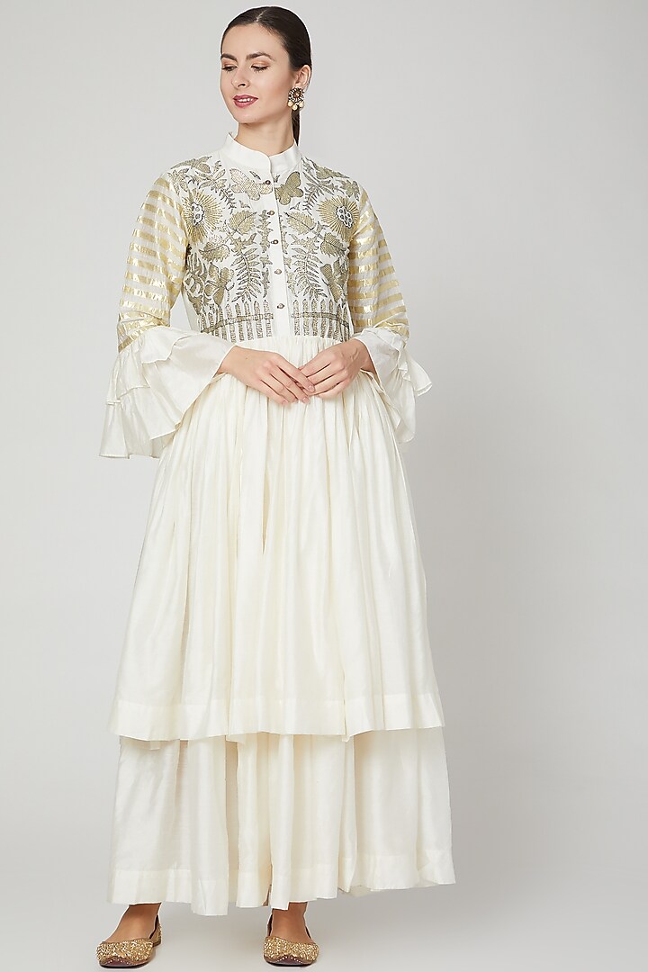 Ivory Embroidered Layered Dress by Mohammad Mazhar