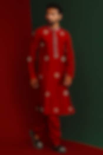 Sindoori Red Raw Silk Embroidered Kurta by Mahima Mahajan Men