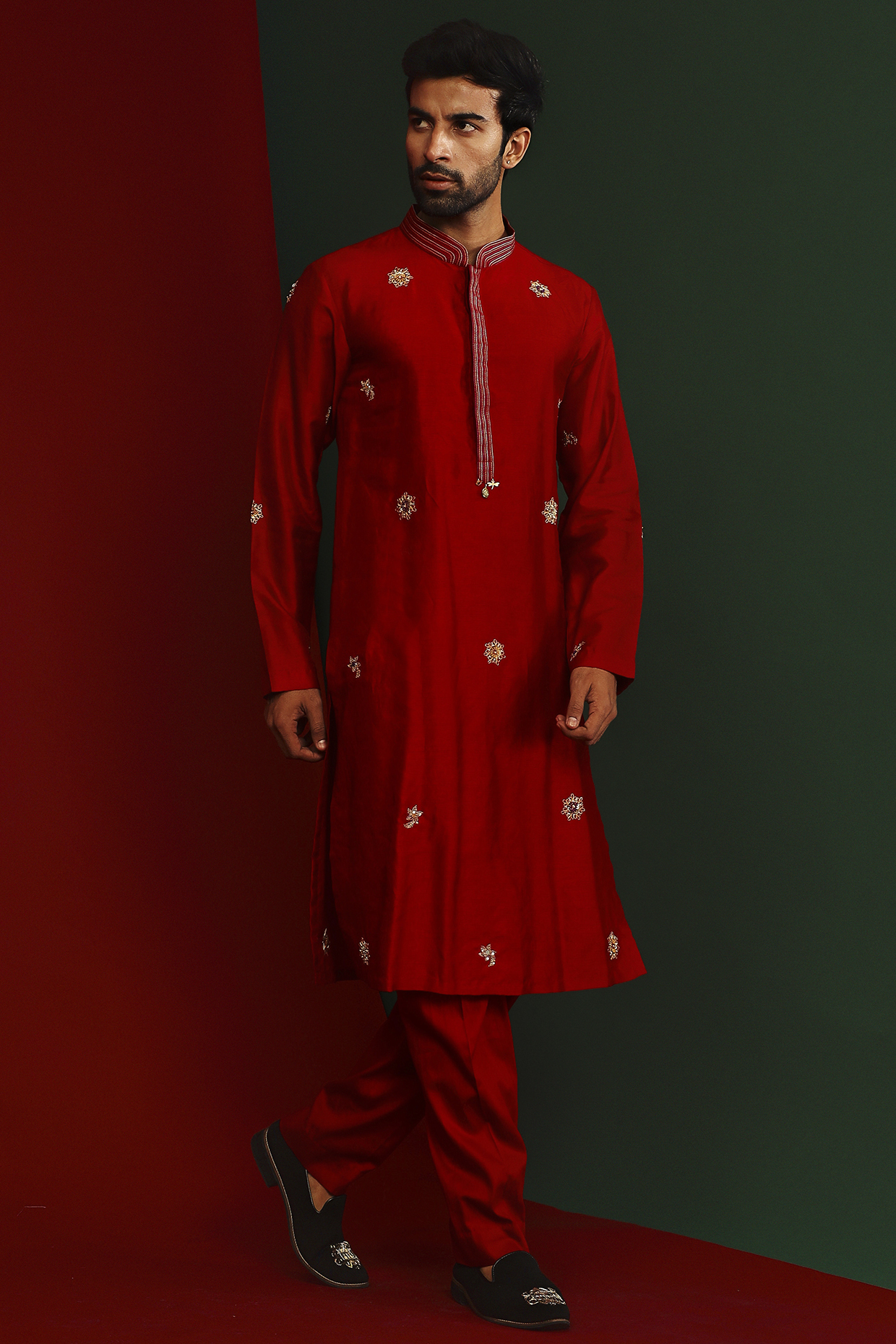 Sindoori Red Raw Silk Embroidered Kurta by Mahima Mahajan Men