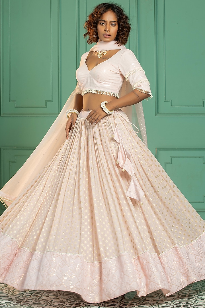 Pink Georgette Embroidered Pleated Lehenga Set by Monk & Mei at Pernia's Pop Up Shop