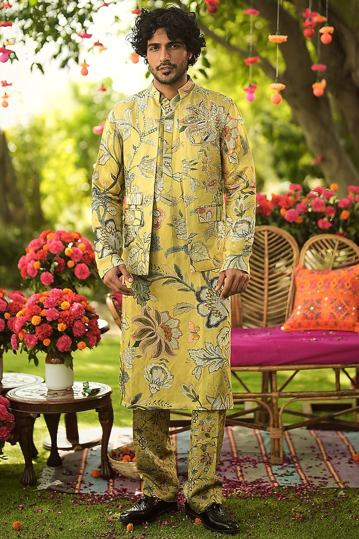 Old Gold Cotton Cambric Bundi Jacket Set by Mahima Mahajan Men