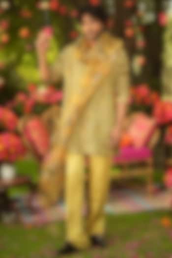 Old Gold Silk Chanderi & Organza Kurta Set by Mahima Mahajan Men