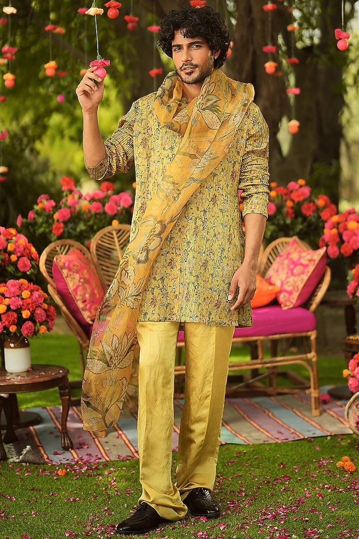 Old Gold Silk Chanderi & Organza Kurta Set by Mahima Mahajan Men