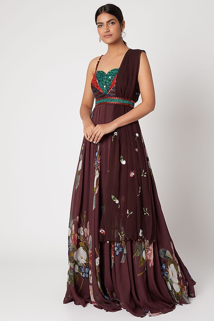 Brown Printed Wedding Anarkali Set by Mahima Mahajan at Pernia's Pop Up Shop