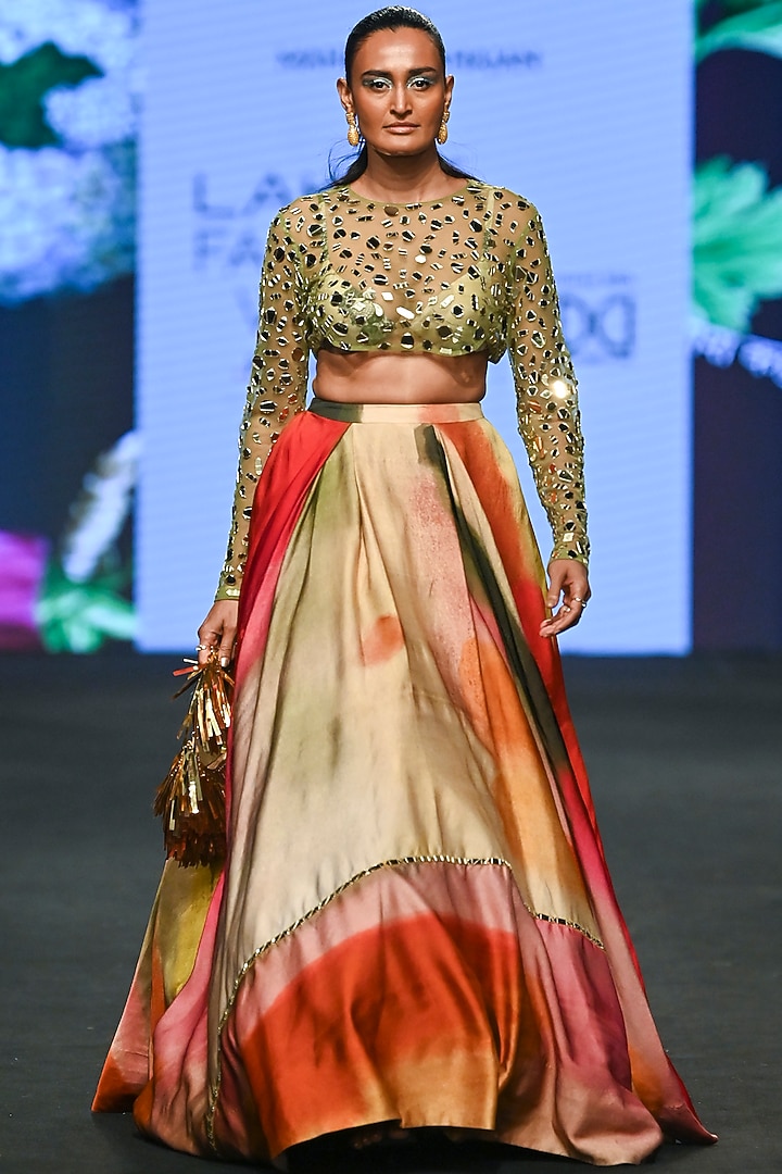 Multi-Colored Satin Organza Printed Wedding Lehenga Set by Mahima Mahajan at Pernia's Pop Up Shop