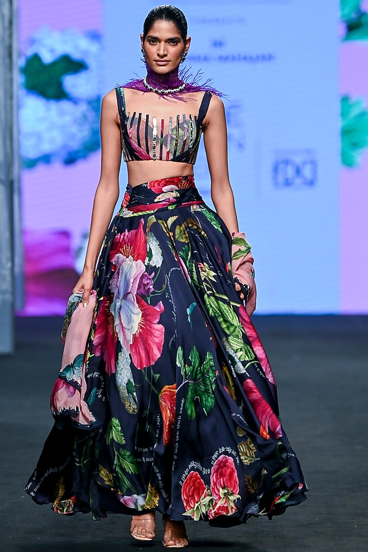 Navy Blue Satin Organza Printed Lehenga by Mahima Mahajan