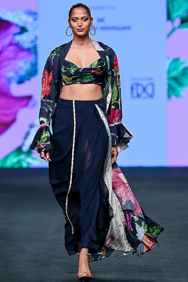 Navy Blue Satin Organza Printed Skirt Set by Mahima Mahajan