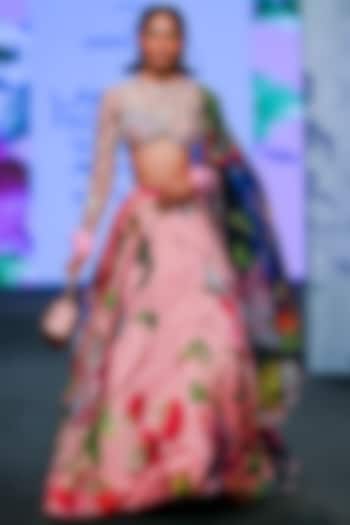 Blush Pink Satin Organza Printed Lehenga Set by Mahima Mahajan