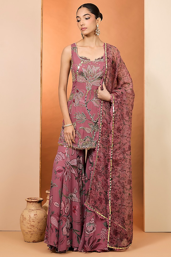 Warm Bubblegum Pink Georgette Hand Embroidered Wedding Sharara Set by Mahima Mahajan at Pernia's Pop Up Shop
