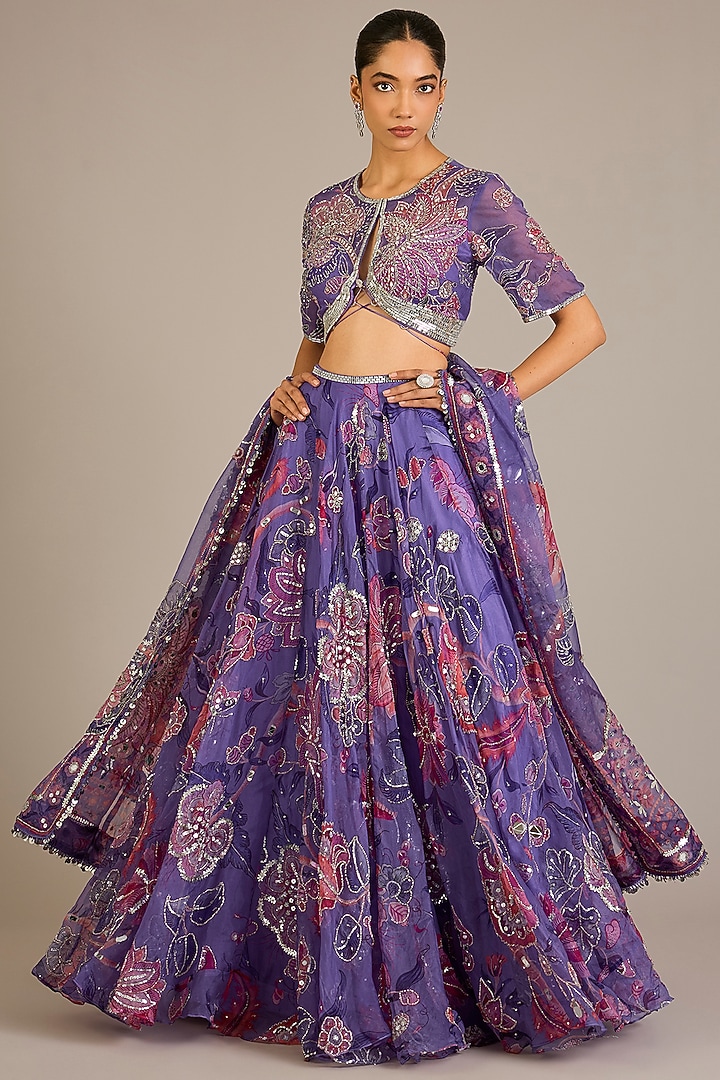 Purple Organza Hand Embroidered Bridal Lehenga Set by Mahima Mahajan at Pernia's Pop Up Shop