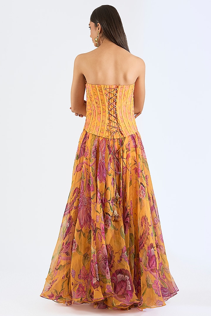 Mustard Yellow Organza Embroidered Corset Engagement Gown by Mahima Mahajan at Pernia's Pop Up Shop