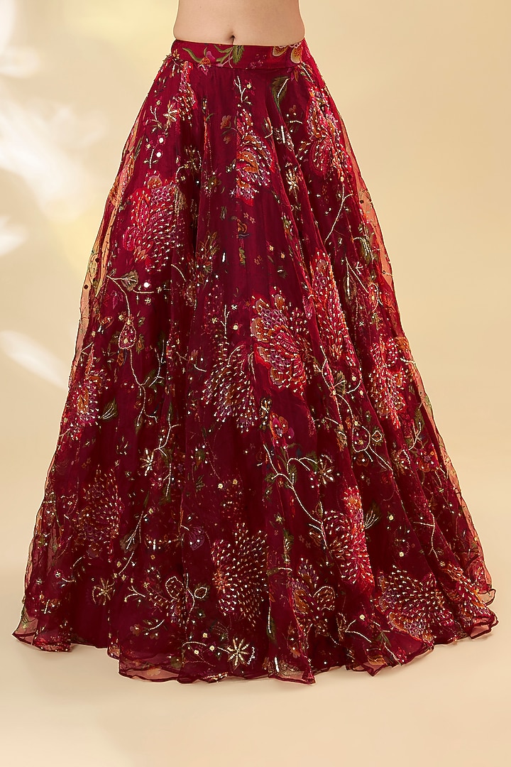 Red Organza & Shantoon Embroidered Bridal Lehenga Set by Mahima Mahajan at Pernia's Pop Up Shop