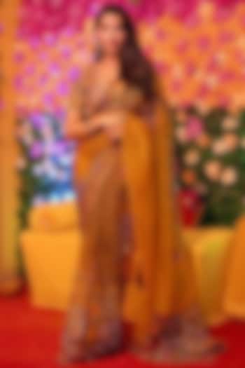 Kesar Yellow Organza Hand Embroidered Pre-Draped Reception Saree Set by Mahima Mahajan at Pernia's Pop Up Shop