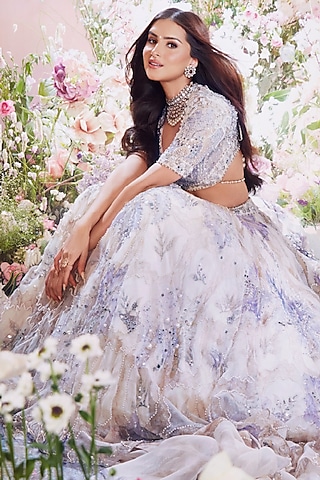 Ocean Blue Organza Hand Embroidered Lehenga Set by Mahima Mahajan