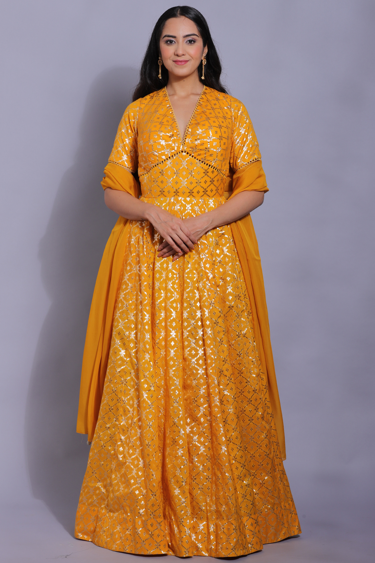 Mustard Chanderi Wedding Anarkali Set by Mahima Mahajan at Pernia's Pop Up Shop