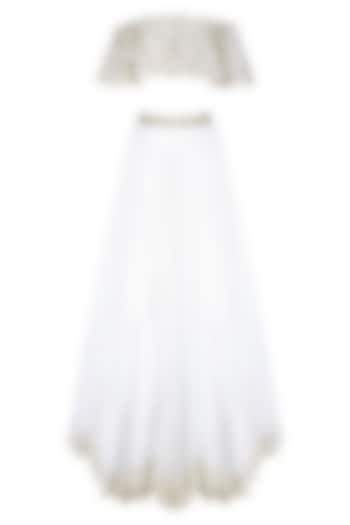 Ivory floral embroidered off shoulder blouse and lehenga skirt set available only at Pernia's Pop Up Shop.