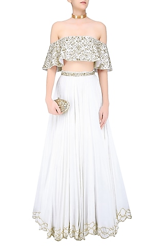 Ivory Floral Embroidered off Shoulder Blouse and Lehenga Skirt Set by Mahima Mahajan