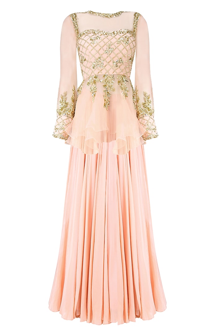 Pastel pink floral embroidered peplum blouse and lehenga skirt set available only at Pernia's Pop Up Shop.