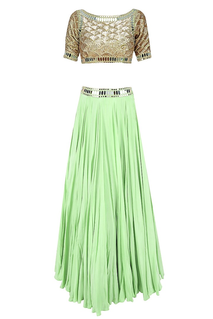 Green Sequins and Mirror Work Blouse and Lehenga Skirt Set by Mahima Mahajan