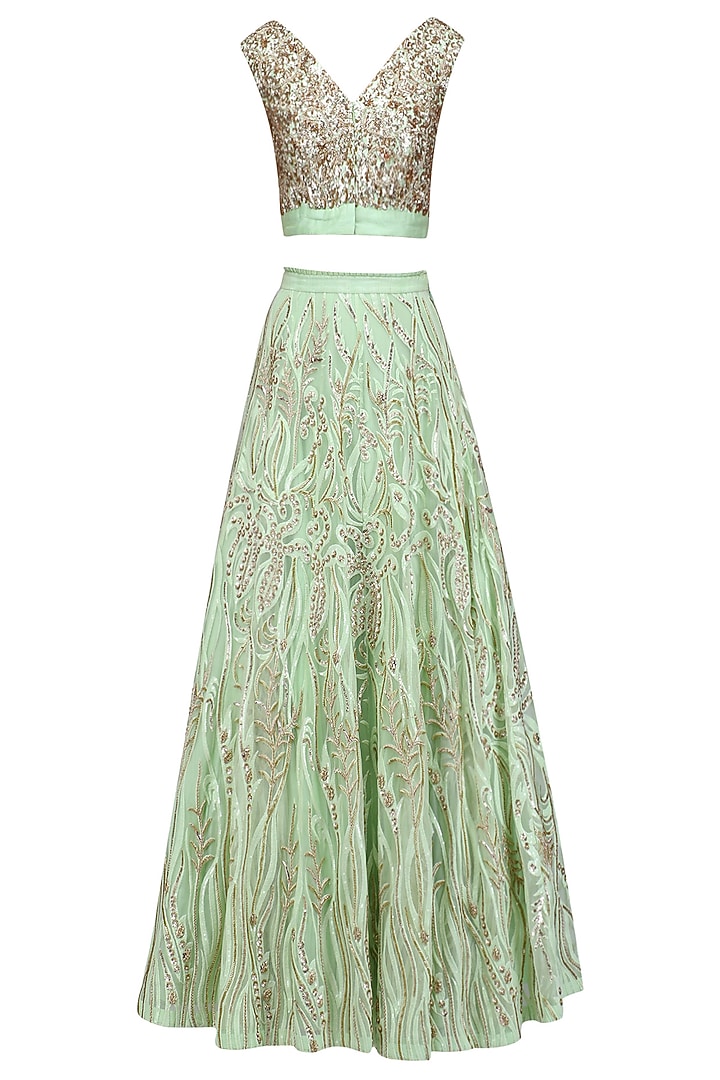 Mint green embelished lehenga set available only at Pernia's Pop Up Shop.