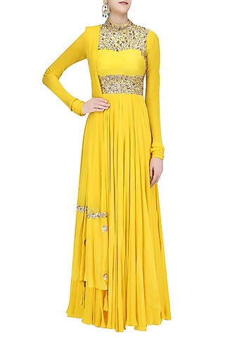 Mango Yellow Embroidered High Neck Anarkali by Mahima Mahajan