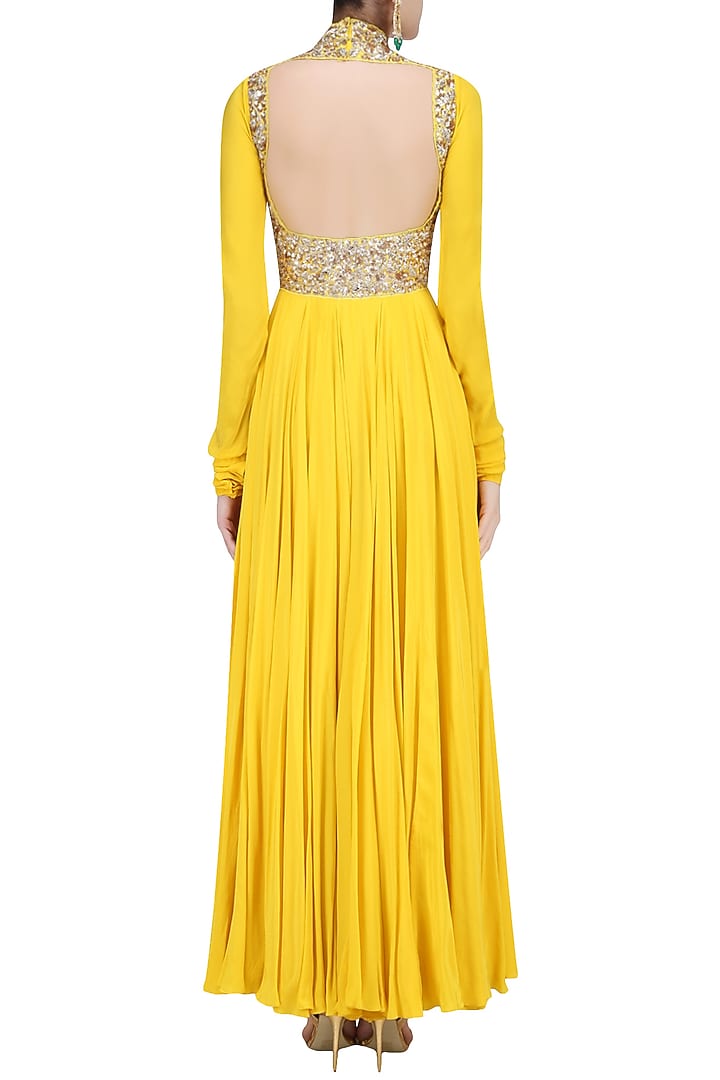 Mango yellow embroidered high neck anarkali available only at Pernia's Pop Up Shop.