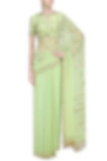 Pista Green Embellished Saree with Blouse by Mahima Mahajan