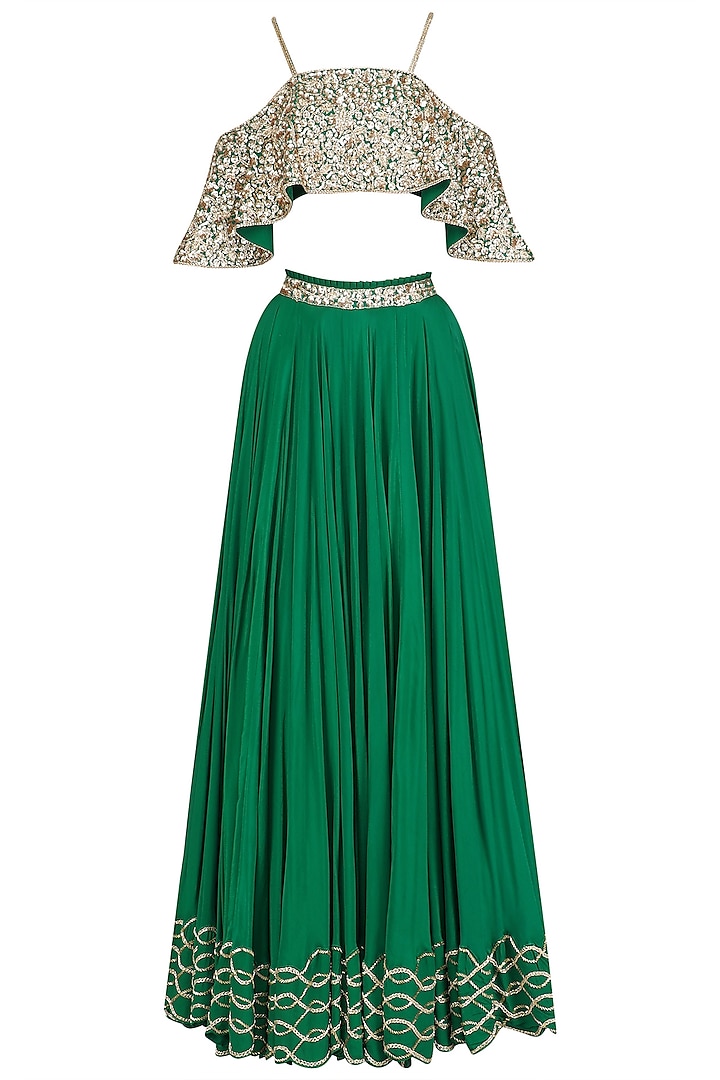 Emerald Green Embroidered off Shoulder Blouse and Lehenga Skirt Set by Mahima Mahajan
