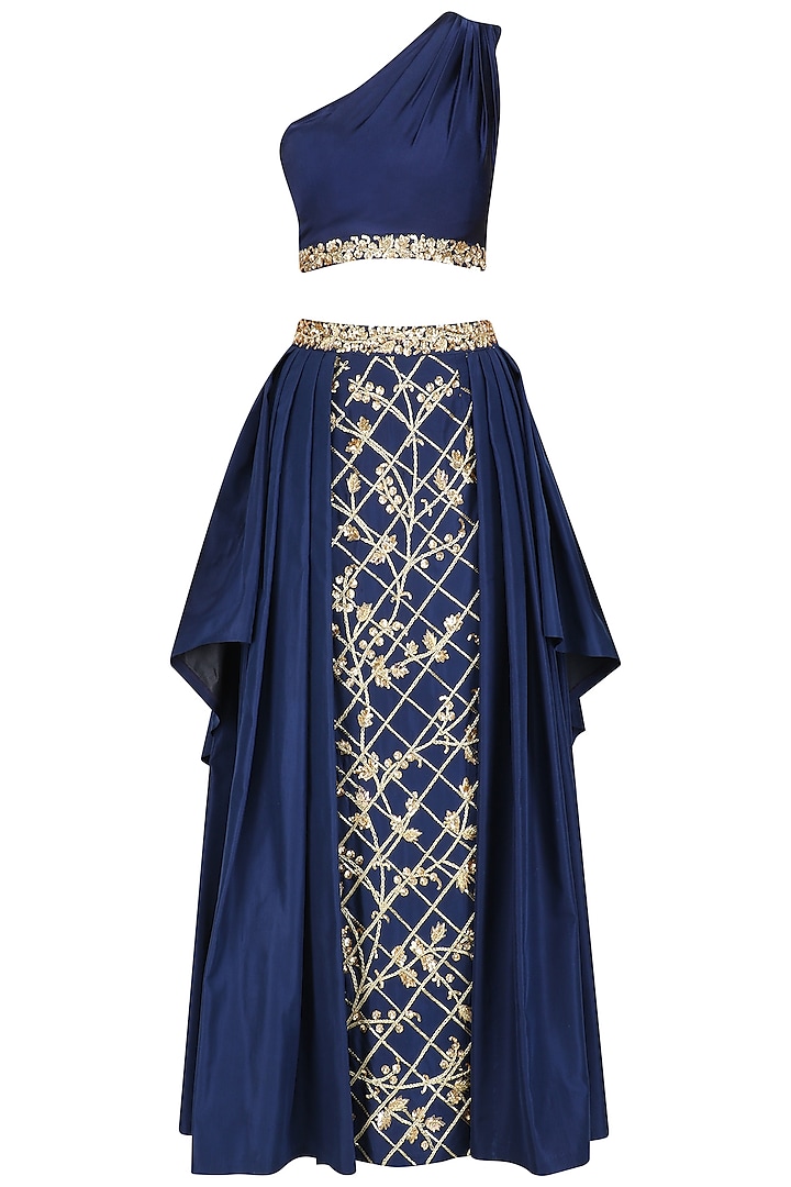 Navy Blue Embroidered One Shoulder Top and And Skirt Set by Mahima Mahajan