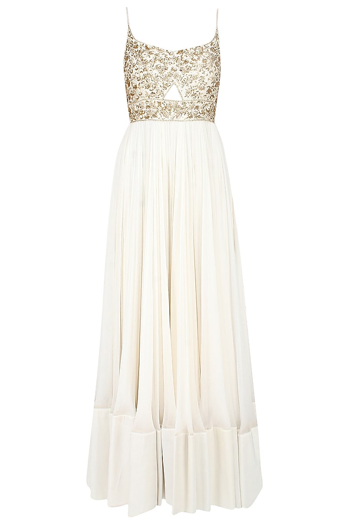Ivory and gold floral embroidered cutout anarkali suit available only at Pernia's Pop Up Shop.