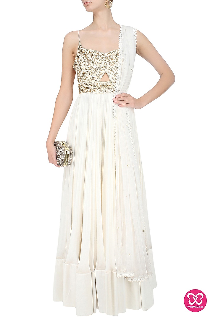 Ivory and gold floral embroidered cutout anarkali suit available only at Pernia's Pop Up Shop.